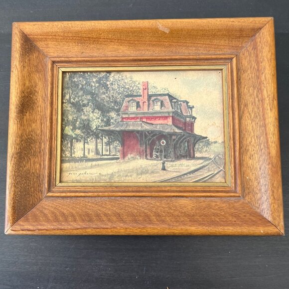 Vintage Gene Pelham Railroad Train Station Print // Original Wood Frame 8" x 7" - Picture 1 of 6